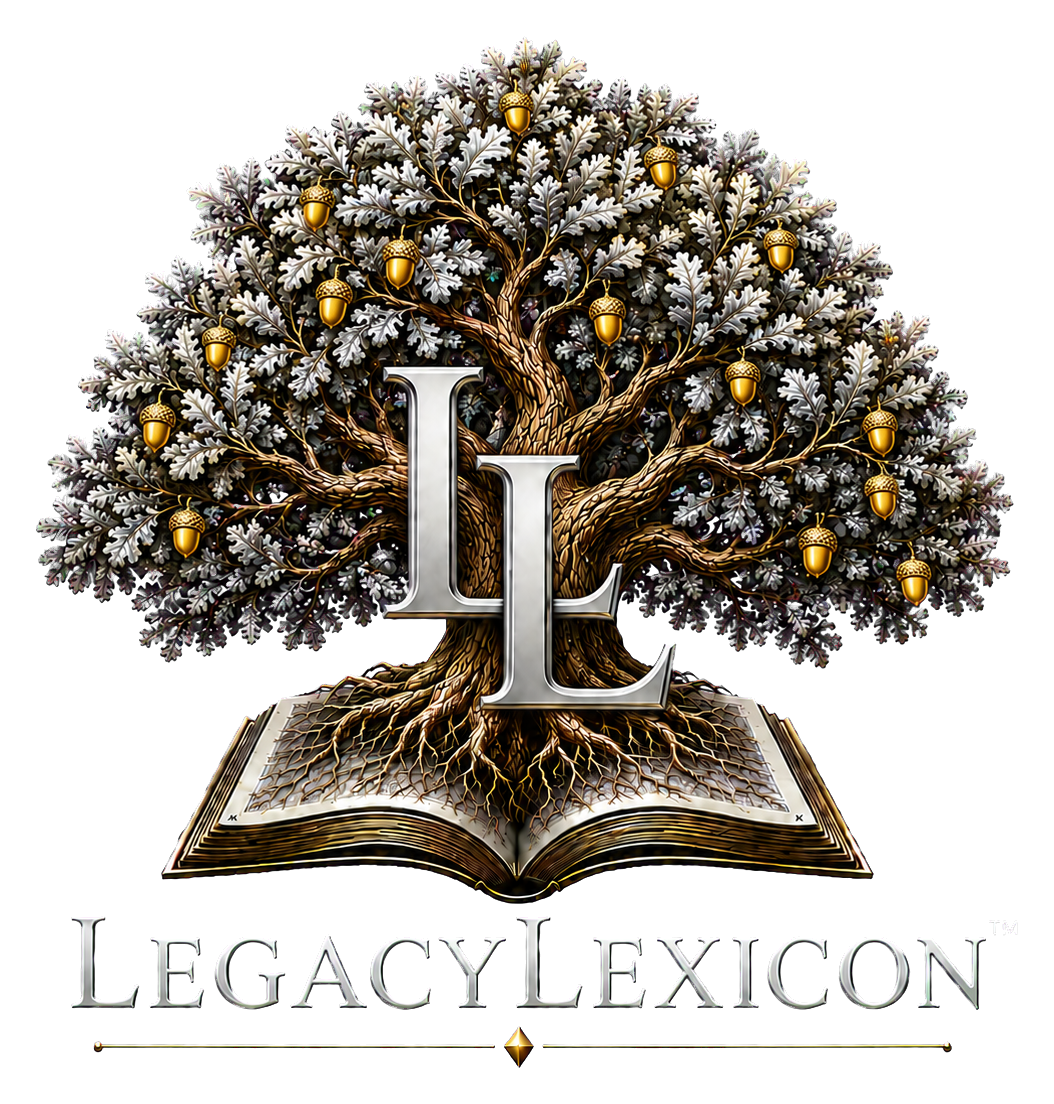 LegacyLexicon: a silver oak tree with gold acorns, two overlapping silver Ls and roots growing into an open book